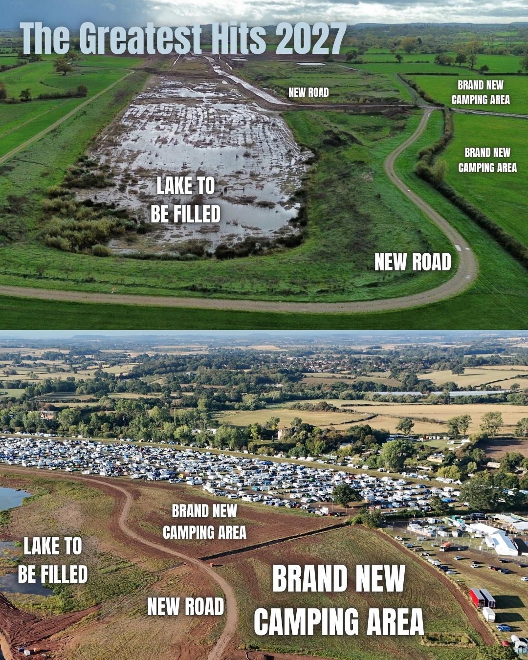 Development photographs showing the new camping areas and access roads beside the lake, before filling